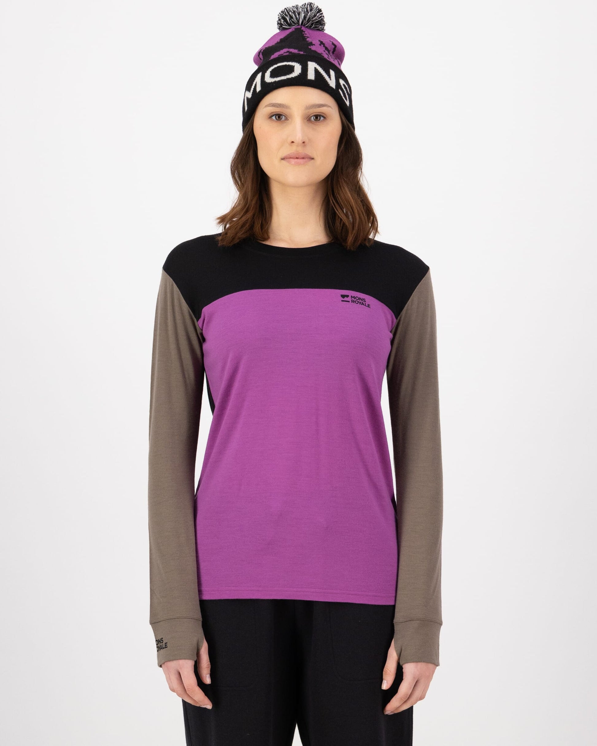 Mons Royale Womens Yotei Merino Long Sleeve Purple Bolt Walnut Black