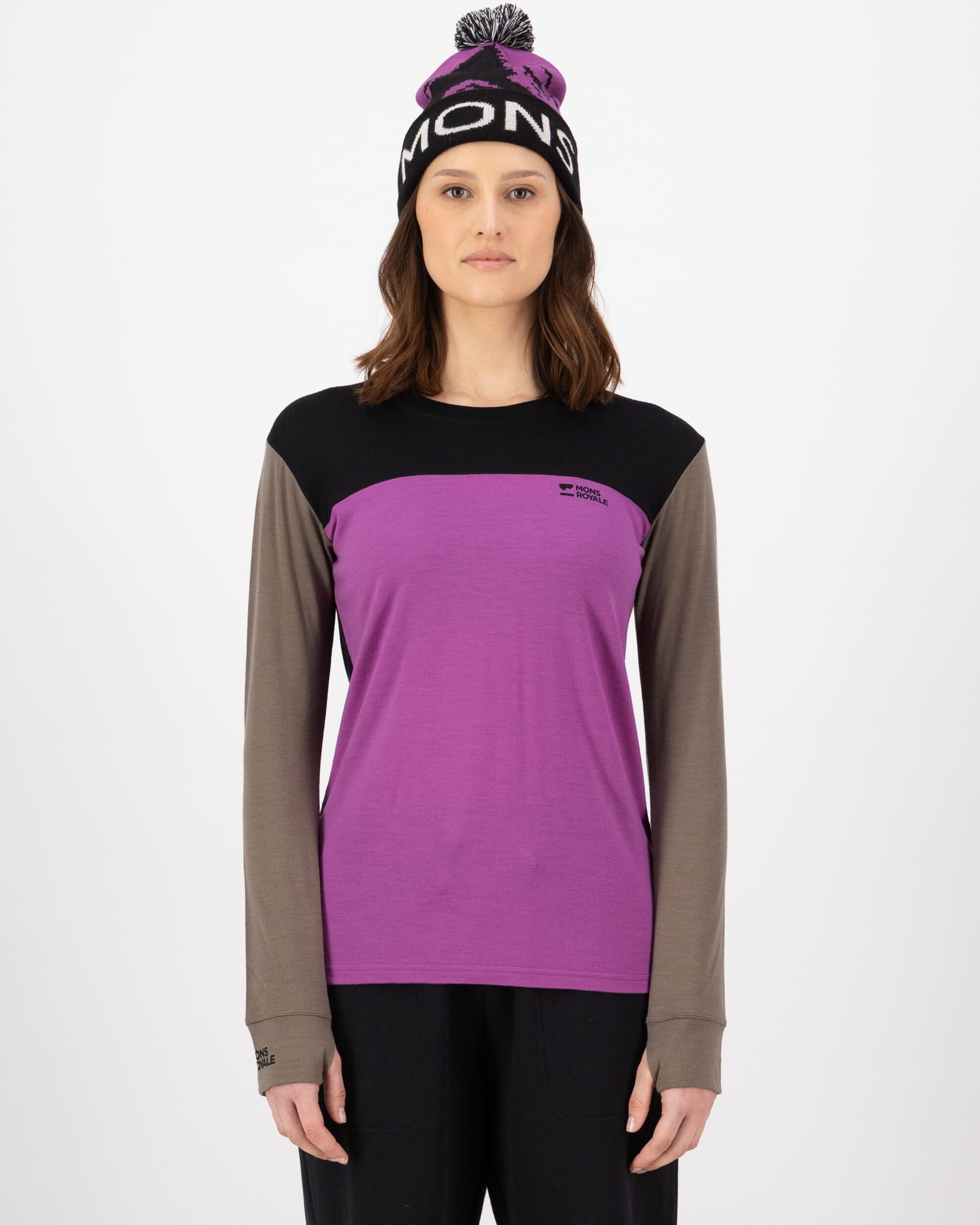 Mons Royale Womens Yotei Merino Long Sleeve Purple Bolt Walnut Black