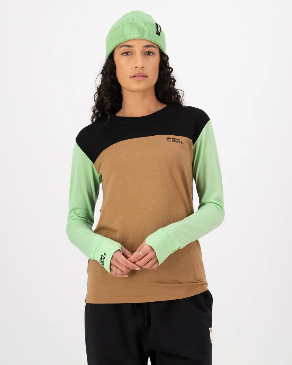 Mons Royale Womens Yotei Merino Long Sleeve Matcha Toffee Black