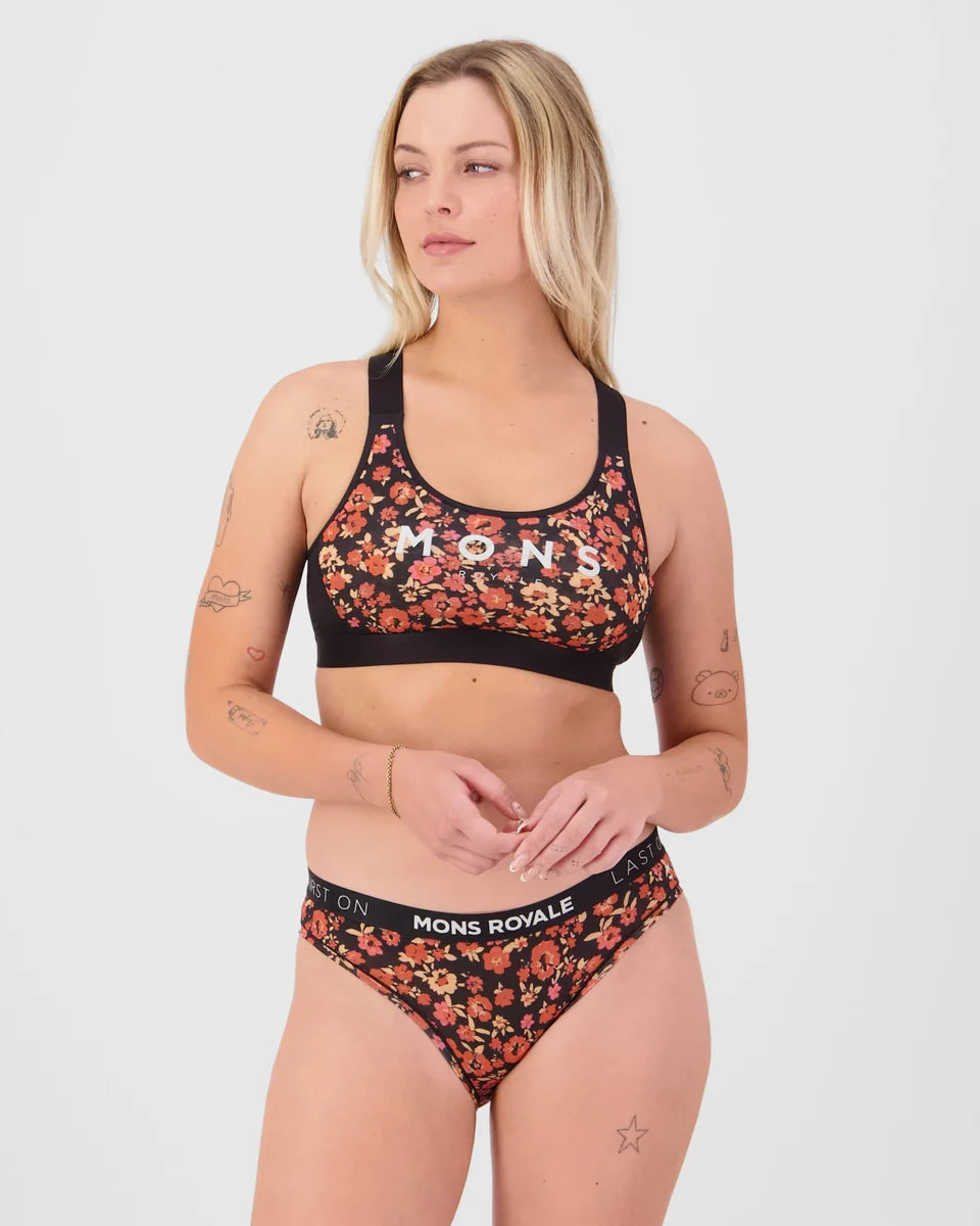 Mons Royale Womens Stella Merino X-Back Bra Ditzy Camo Black