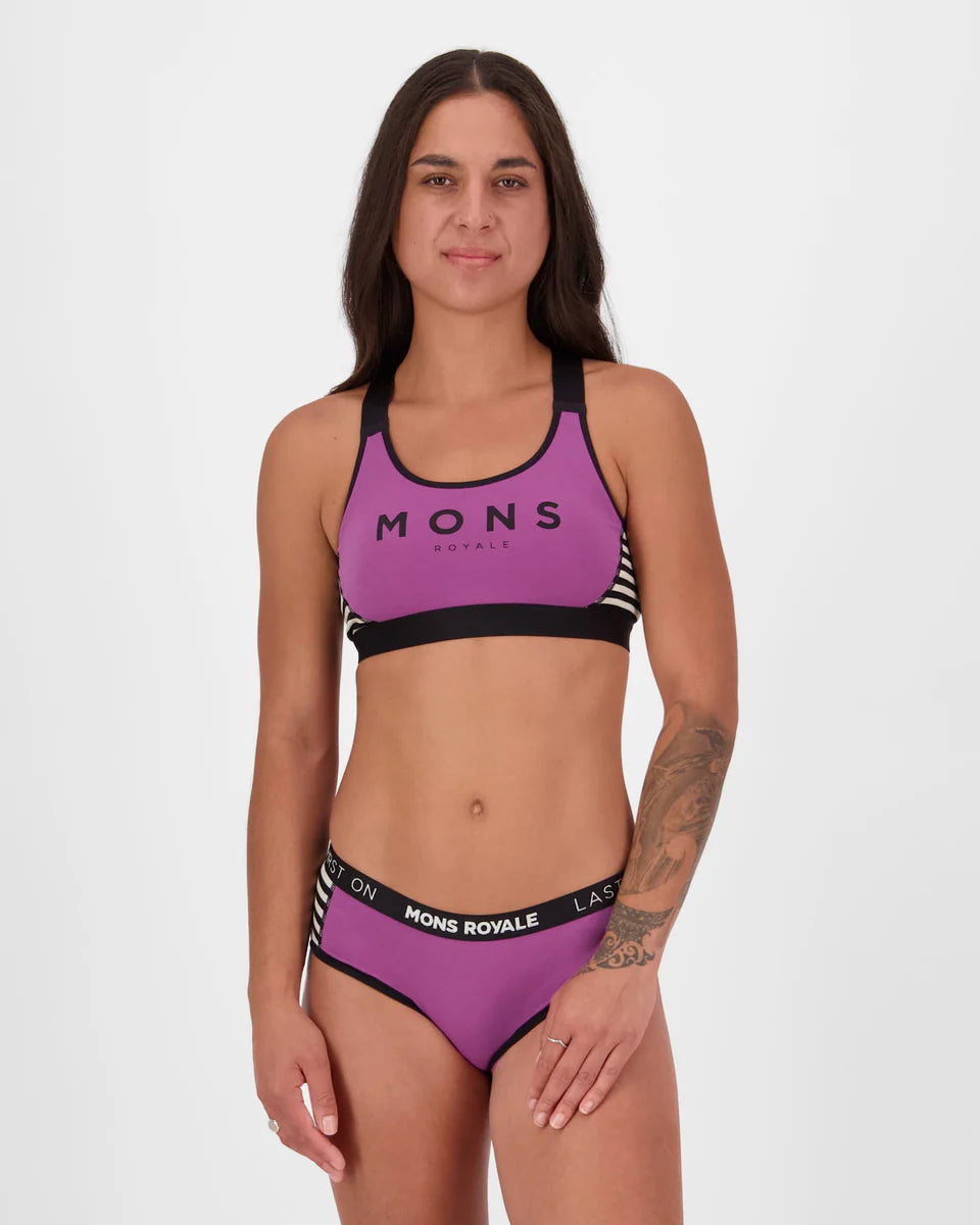 Mons Royale Womens Stella Merino X-Back Bra Purple Bolt MR Stripe