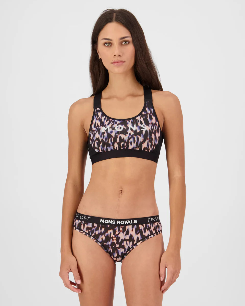 Mons Royale Womens Stella Merino X-Back Bra Rock Leopard Black