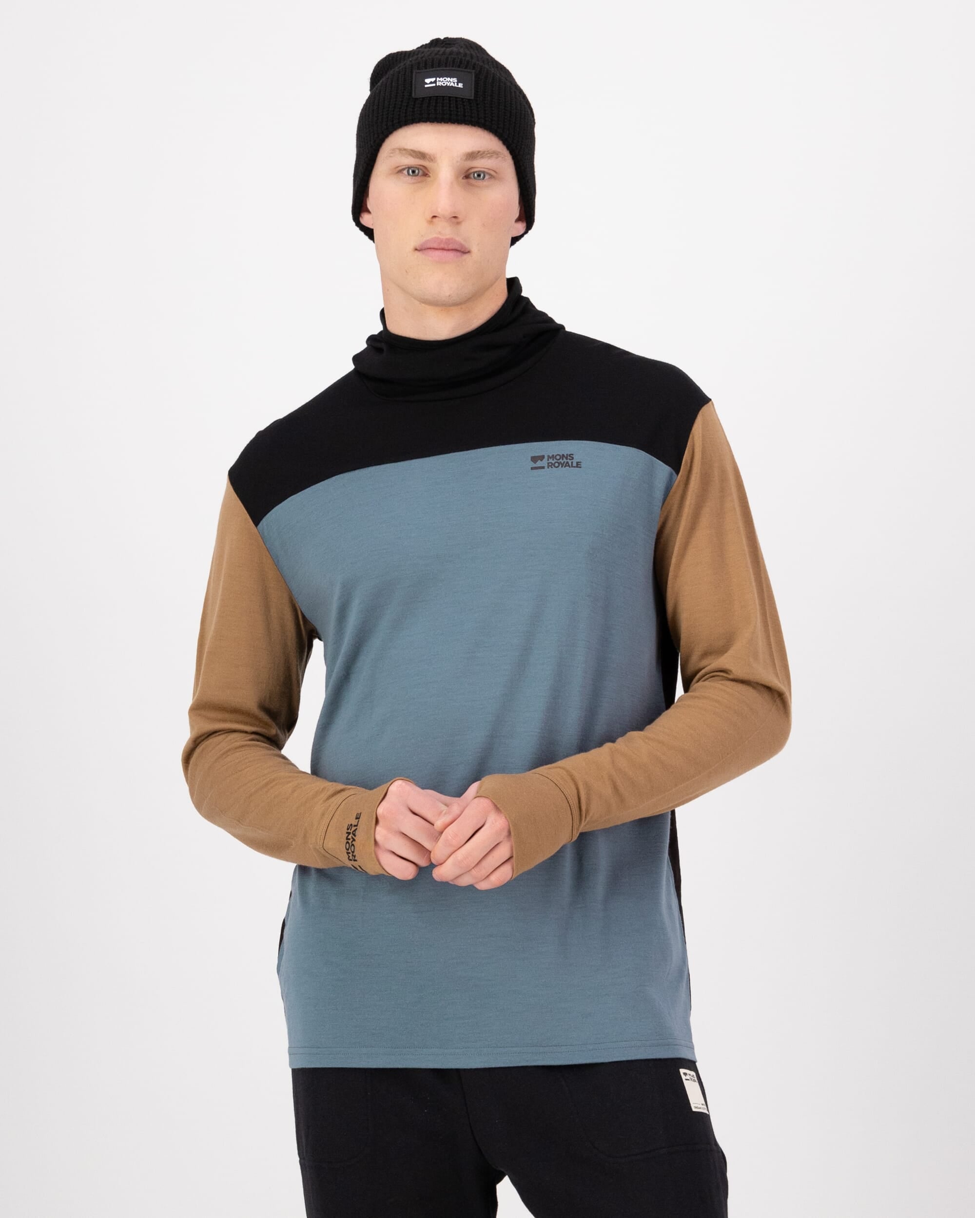 Mons Royale Mens Yotei Merino Powder Hood Long Sleeve Goblin Blue Toffee Black