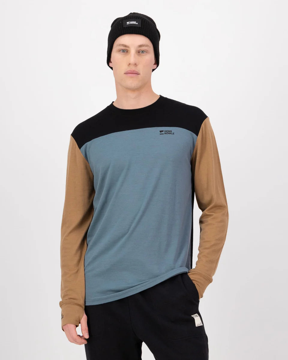Mons Royale Mens Yotei Merino Long Sleeve Goblin Blue Toffee Black