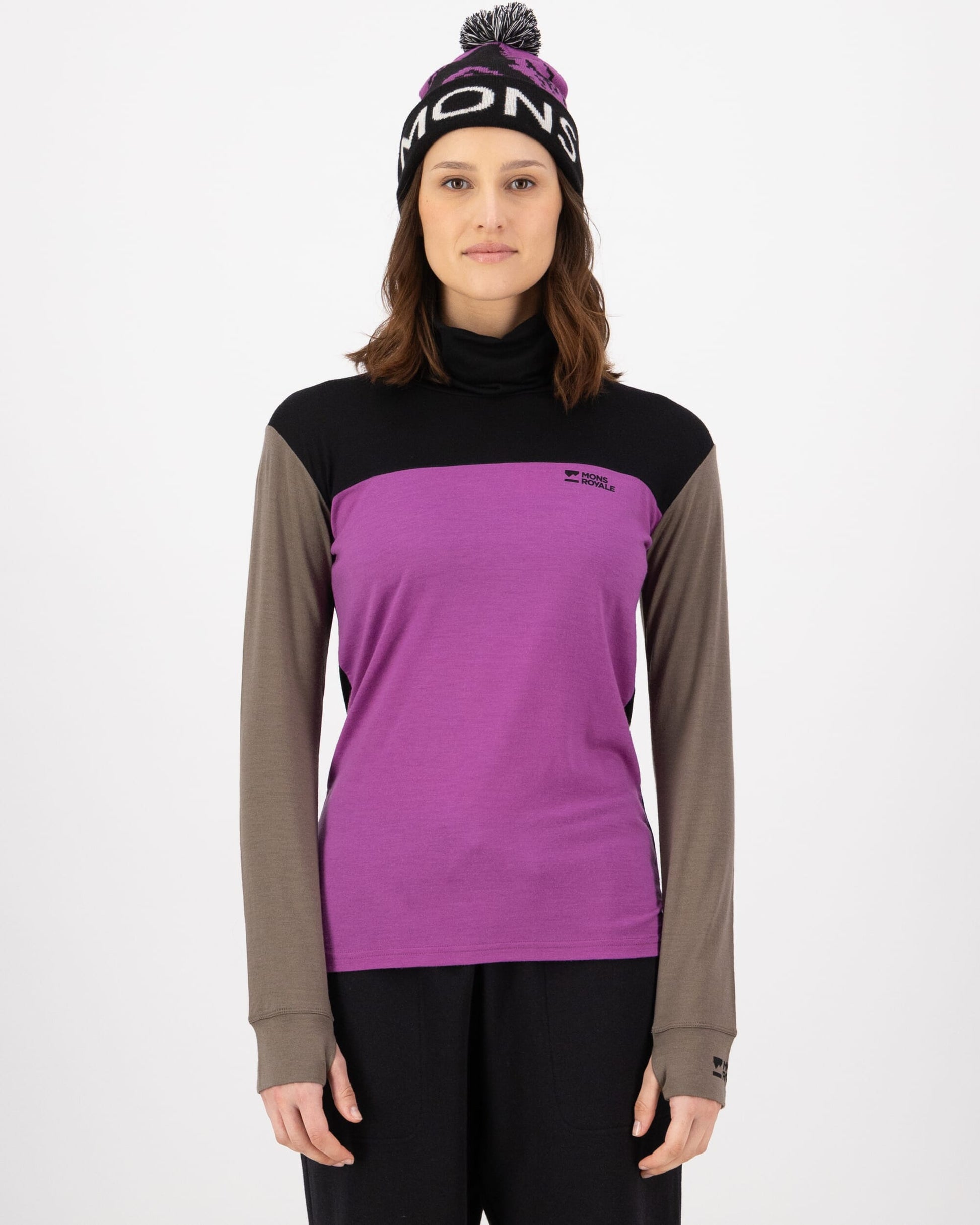 Mons Royale Womens Yotei Merino High Neck Long Sleeve Purple Bolt Walnut Black