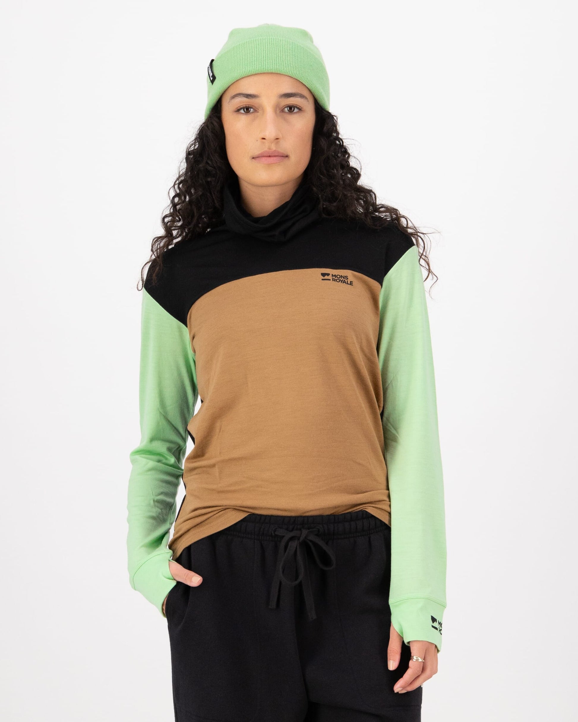 Mons Royale Womens Yotei Merino High Neck Long Sleeve Matcha Toffee Black