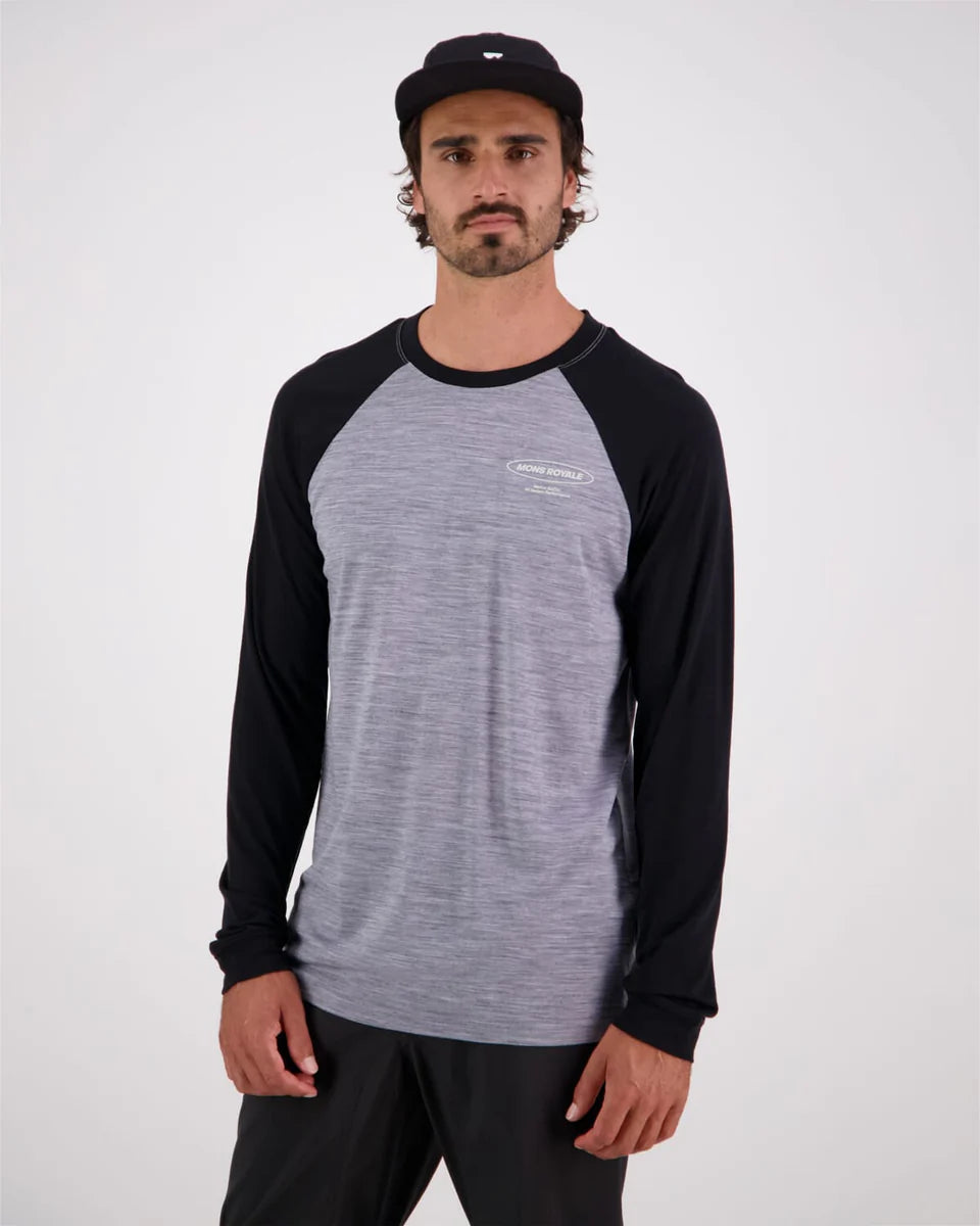Mons Royale Mens Icon Merino Raglan Long Sleeve Grey Heather Black