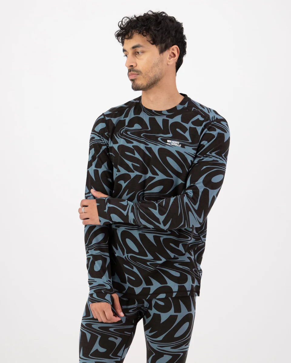 Mons Royale Mens Cascade Merino Base Layer Long Sleeve Signal Lost Goblin Blue