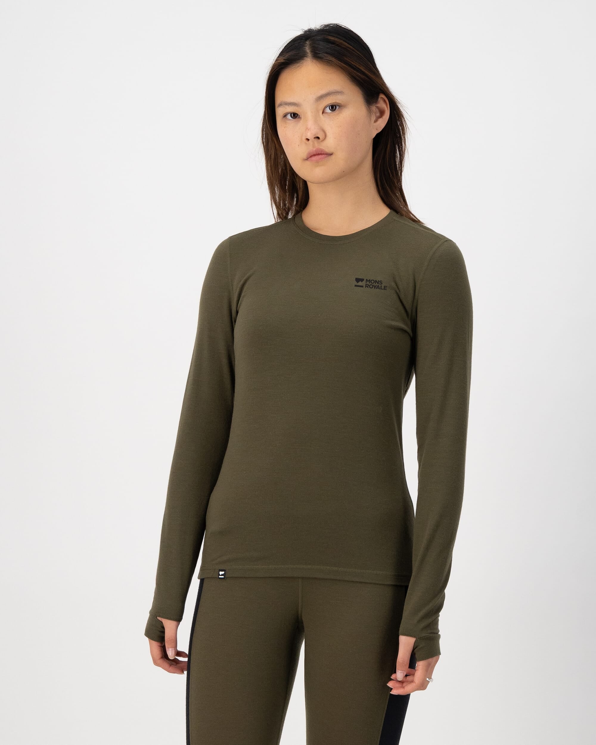 Mons Royale Womens Cascade Merino Base Layer Long Sleeve Dark Olive