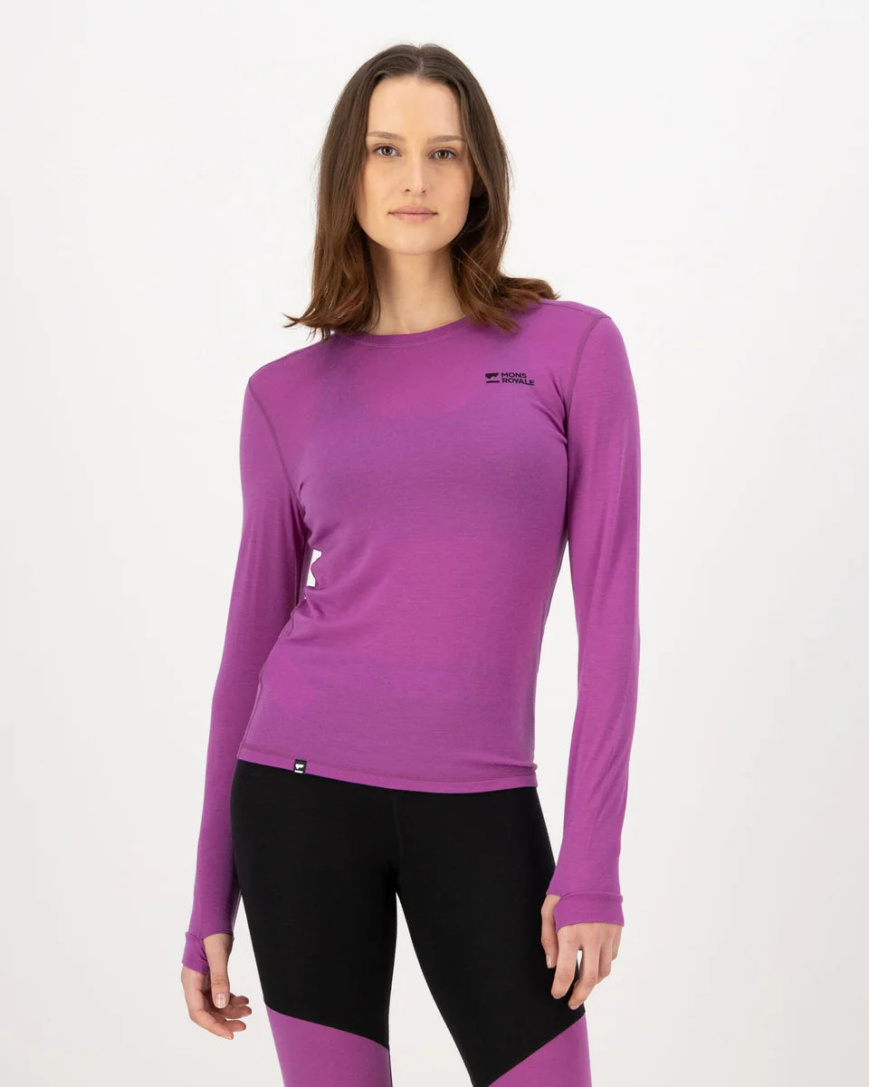 Mons Royale Womens Cascade Merino Base Layer Long Sleeve Purple Bolt