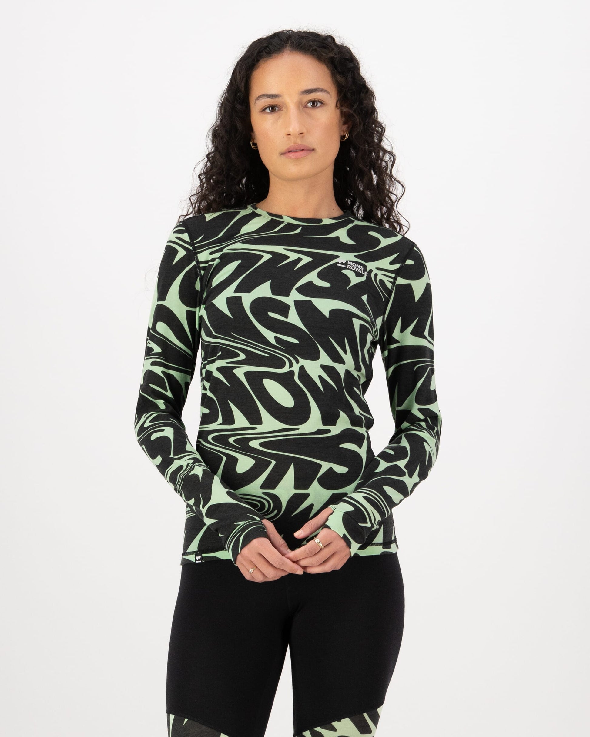Mons Royale Womens Cascade Merino Base Layer Long Sleeve Signal Lost Matcha