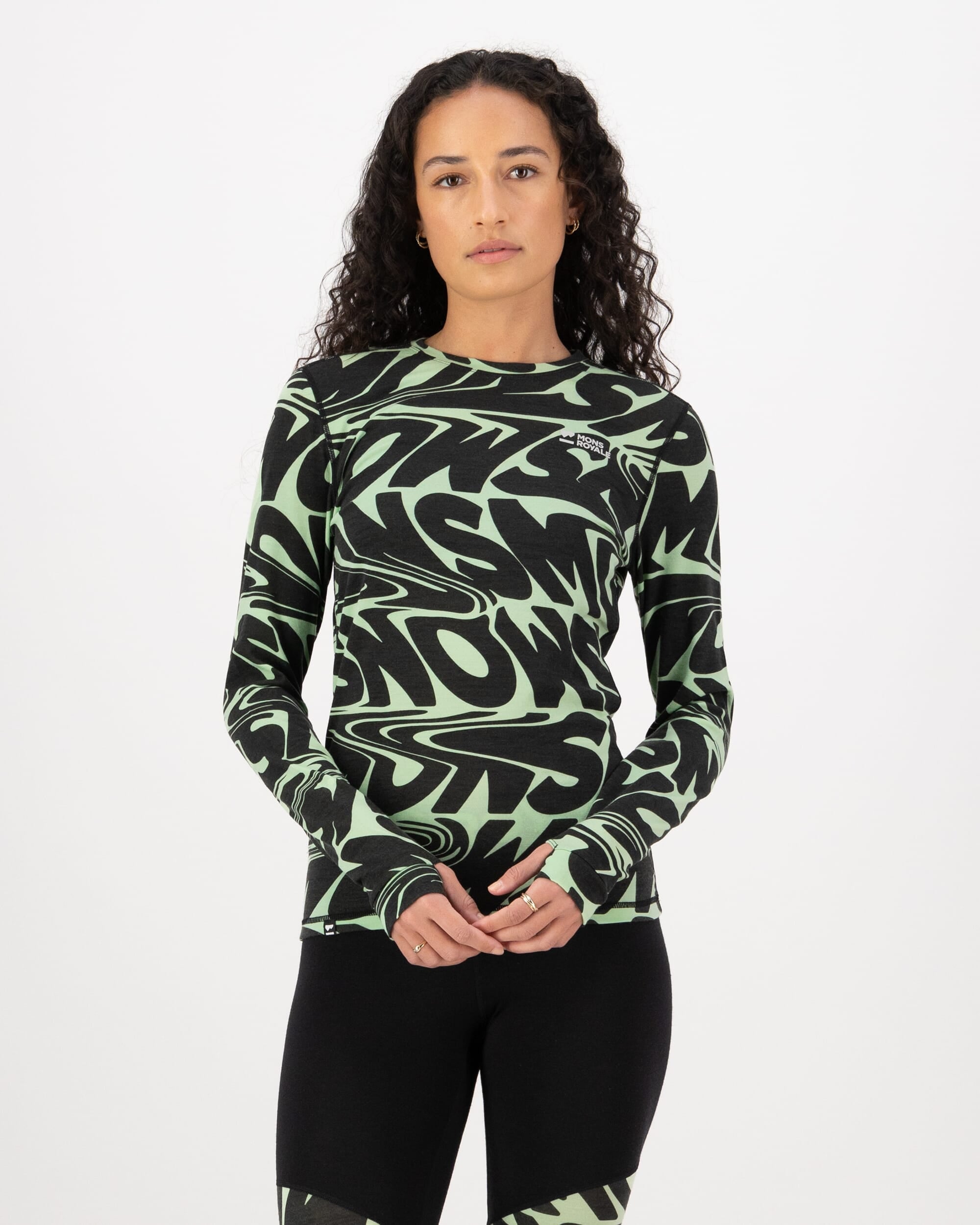 Mons Royale Womens Cascade Merino Base Layer Long Sleeve Signal Lost Matcha