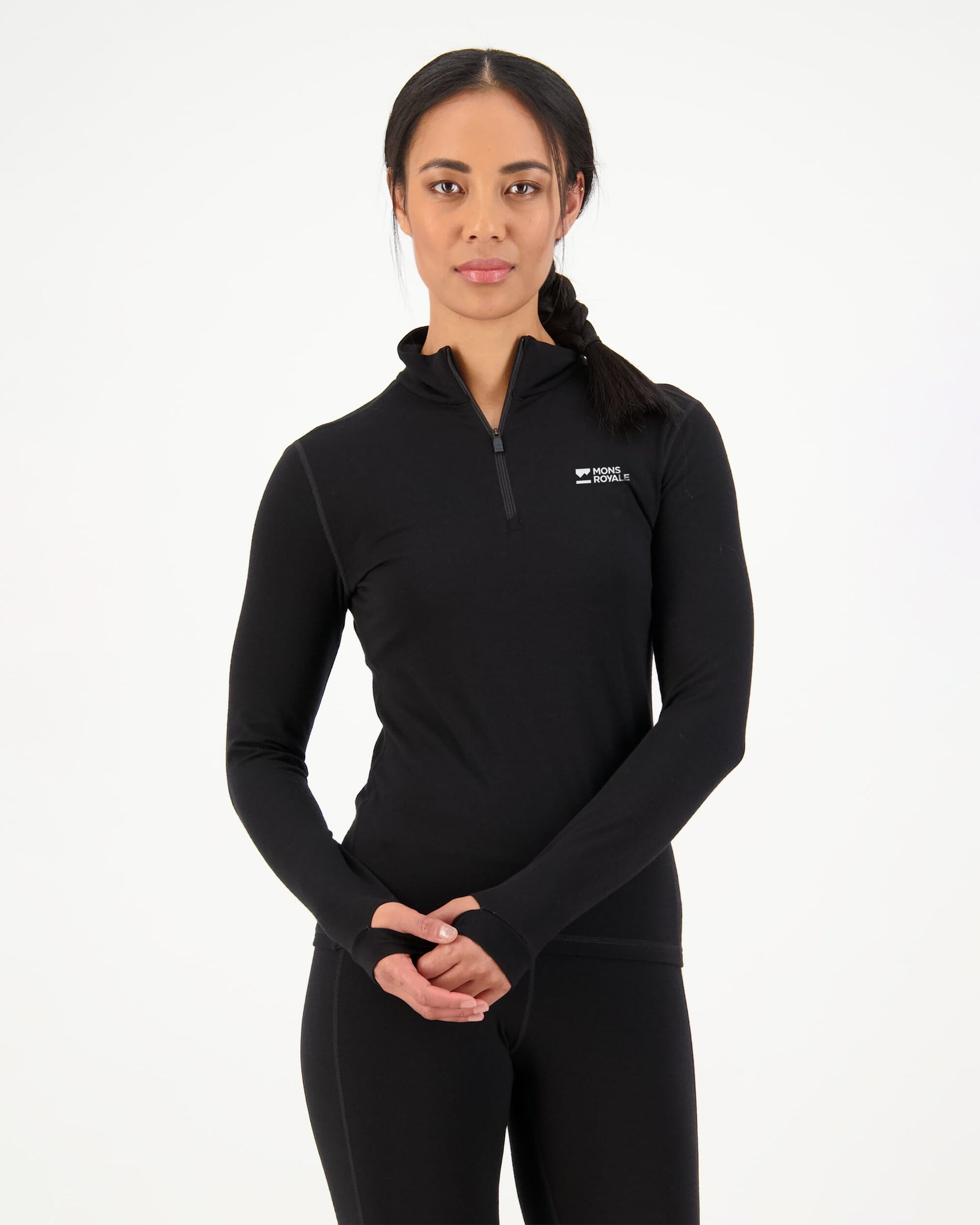 Mons Royale Womens Cascade Merino Base Layer 1/4 Zip Long Sleeve Black