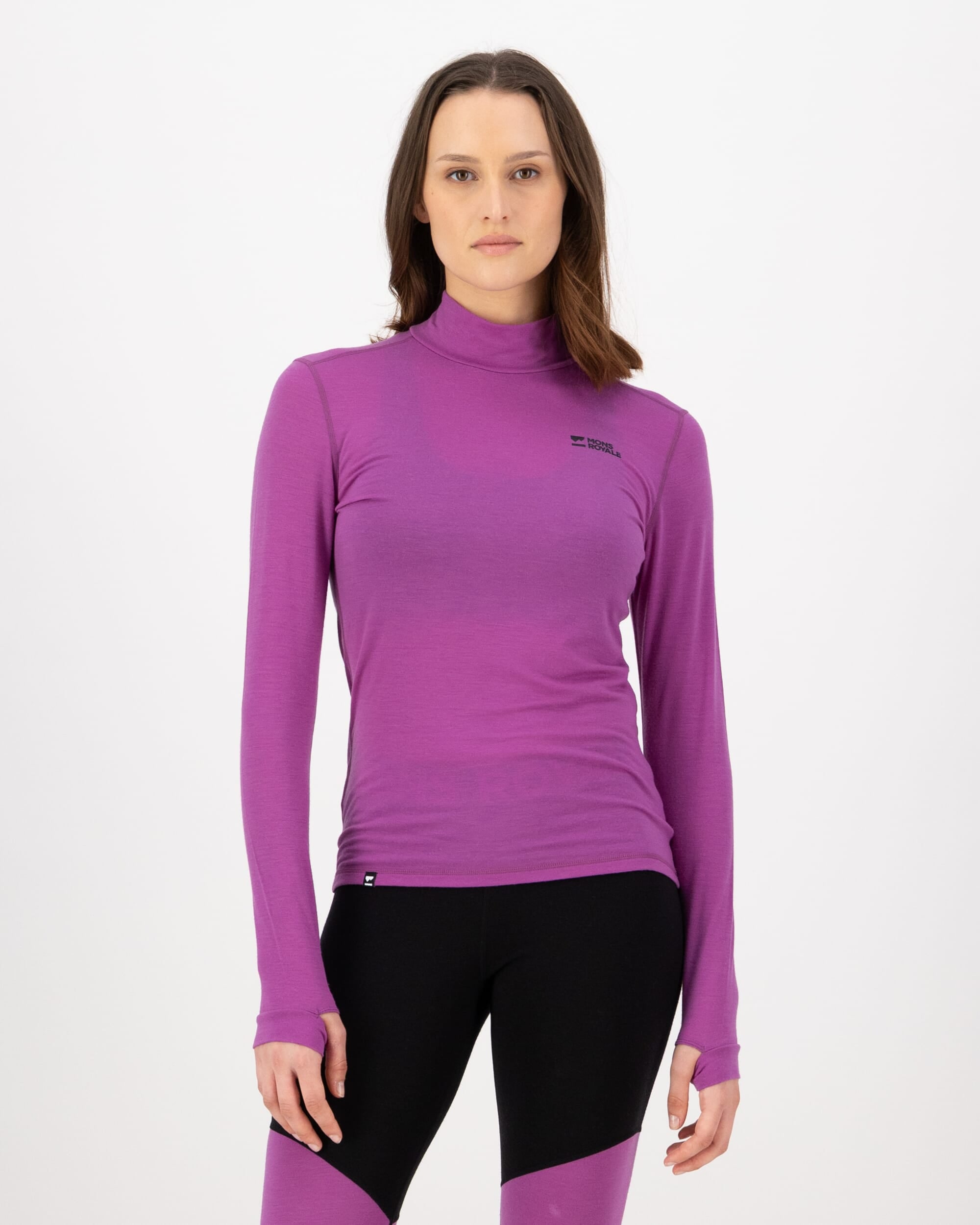 Mons Royale Womens Cascade Merino Base Layer Mock Neck Long Sleeve Purple Bolt