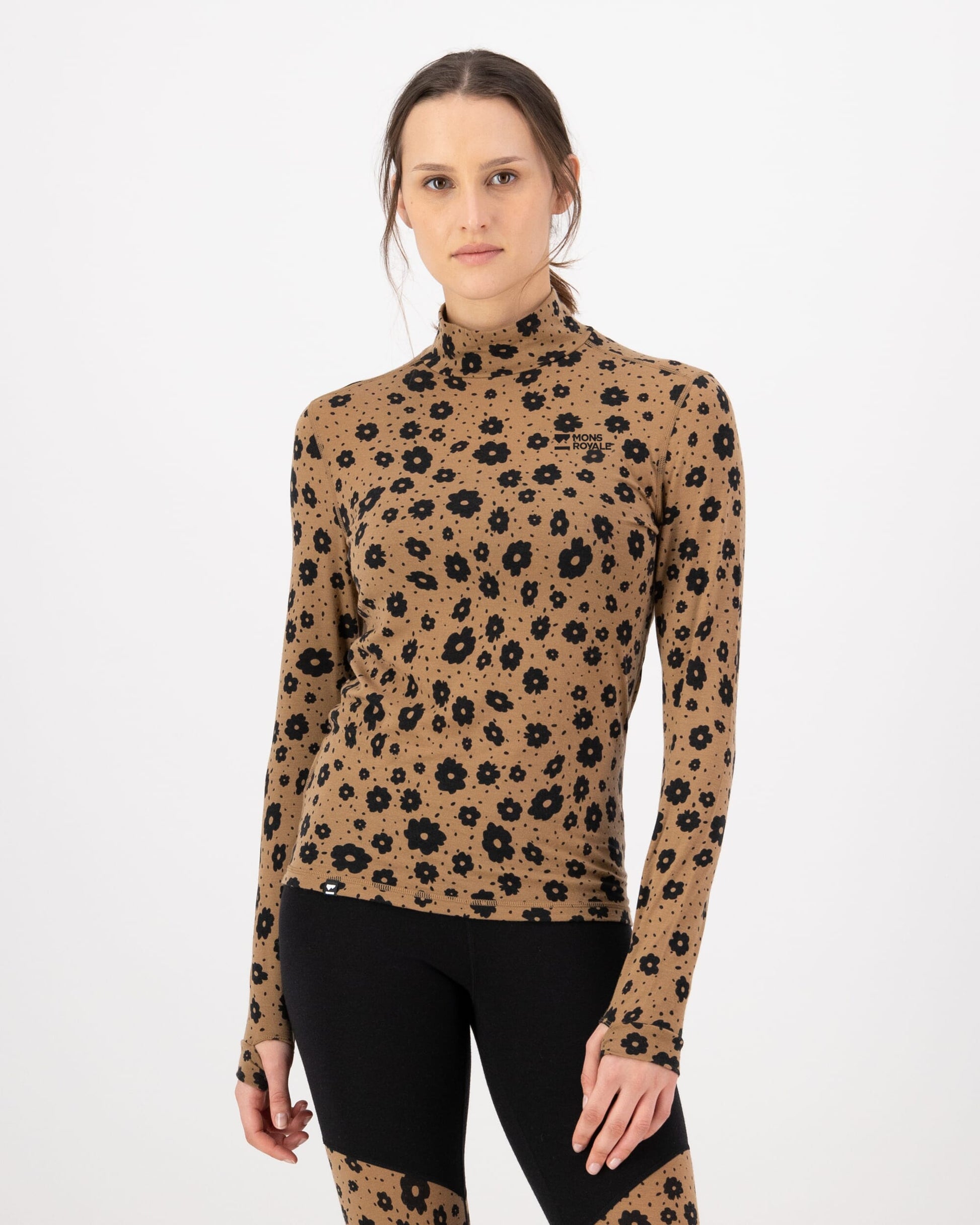 Mons Royale Womens Cascade Merino Base Layer Mock Neck Long Sleeve Aoraki Lily Toffee