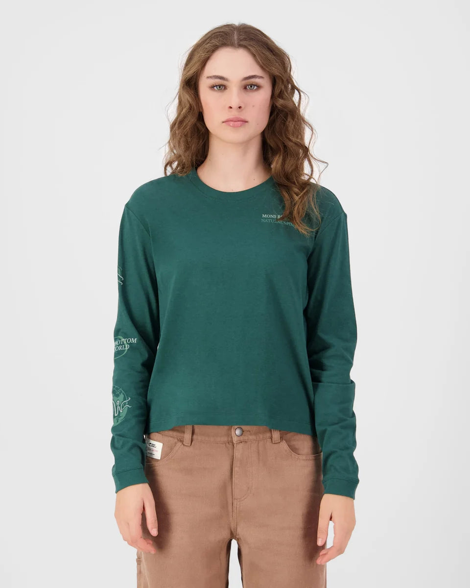 Mons Royale Womens Yonder Merino Organic Cotton Long Sleeve Dark Pine