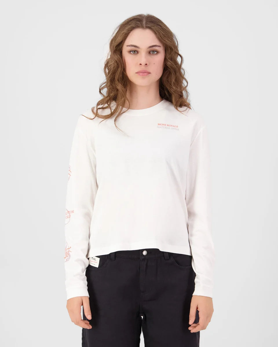 Mons Royale Womens Yonder Merino Organic Cotton Long Sleeve Vintage White