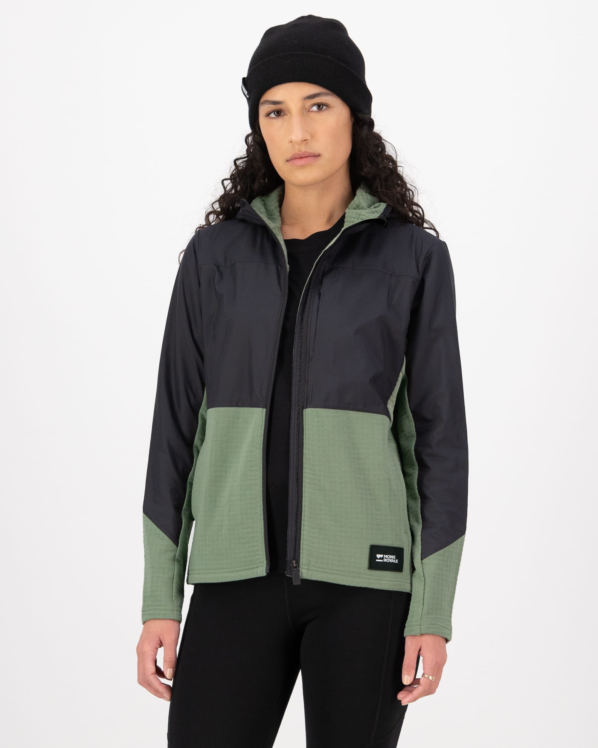 Mons Royale Womens Offgrid Merino Fleece Wind Jacket Willow Black