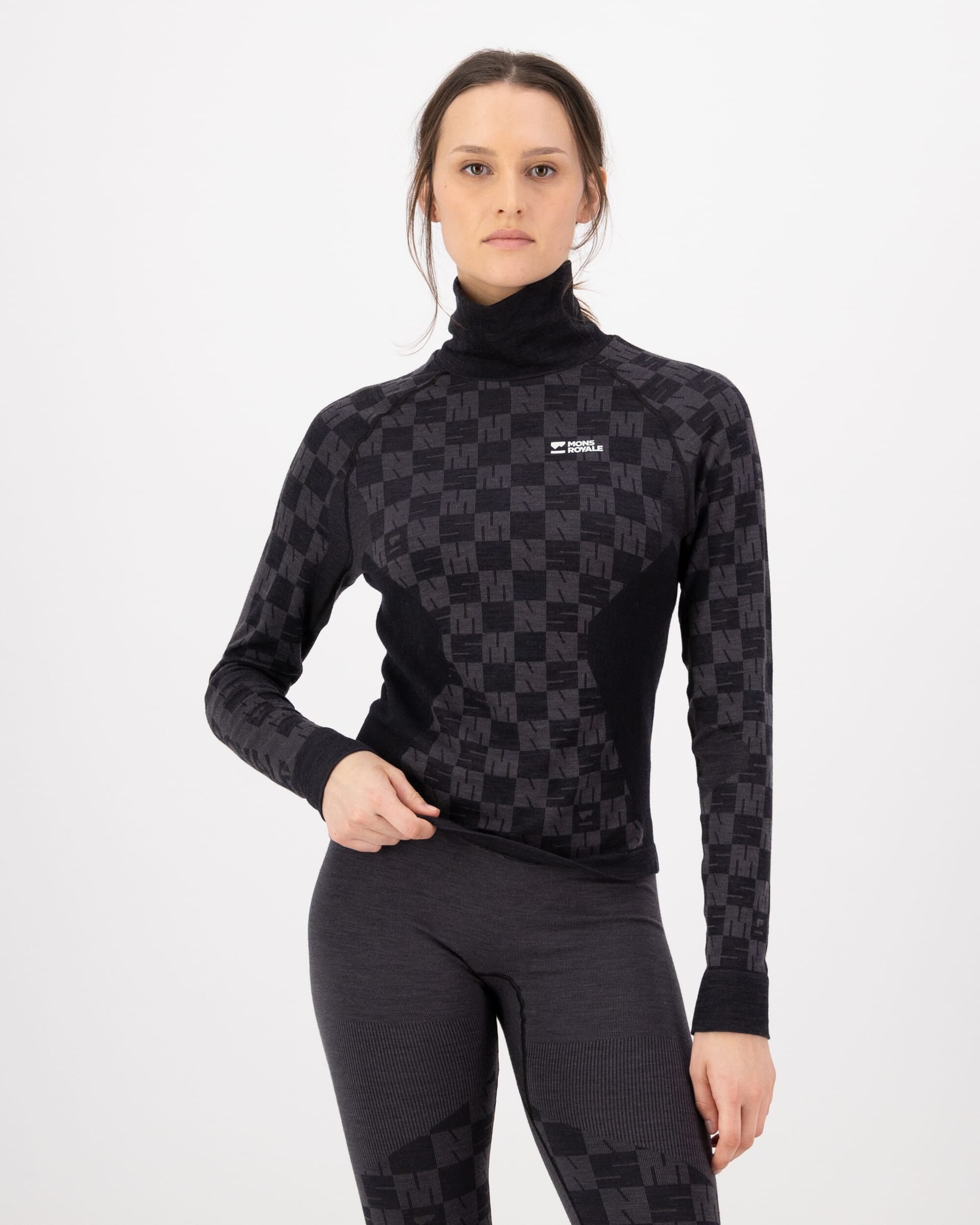 Mons Royale Womens Ascender Merino Base Layer Mock Neck Long Sleeve Forged Iron Black