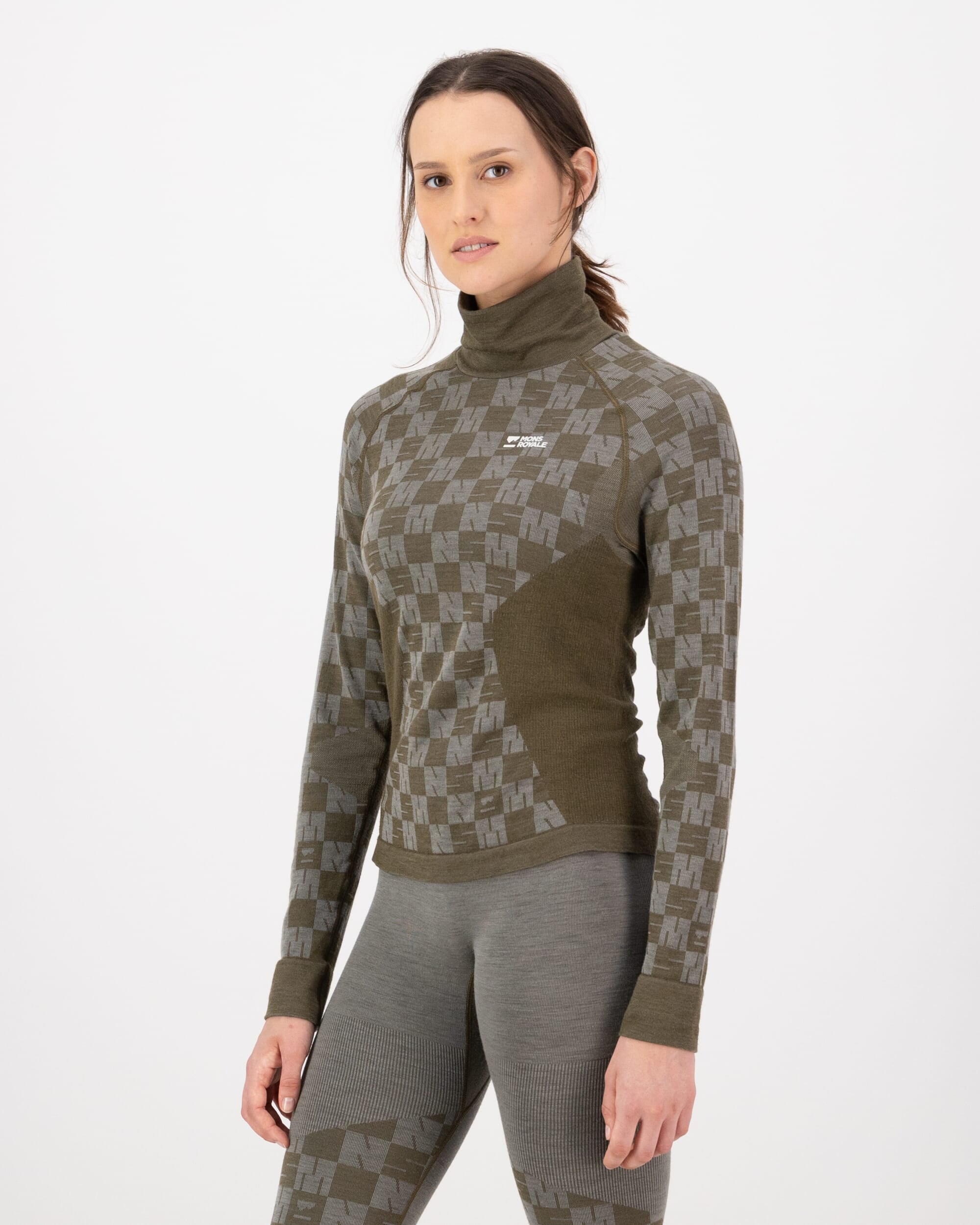 Mons Royale Womens Ascender Merino Base Layer Mock Neck Long Sleeve Dried Sage Dark Olive