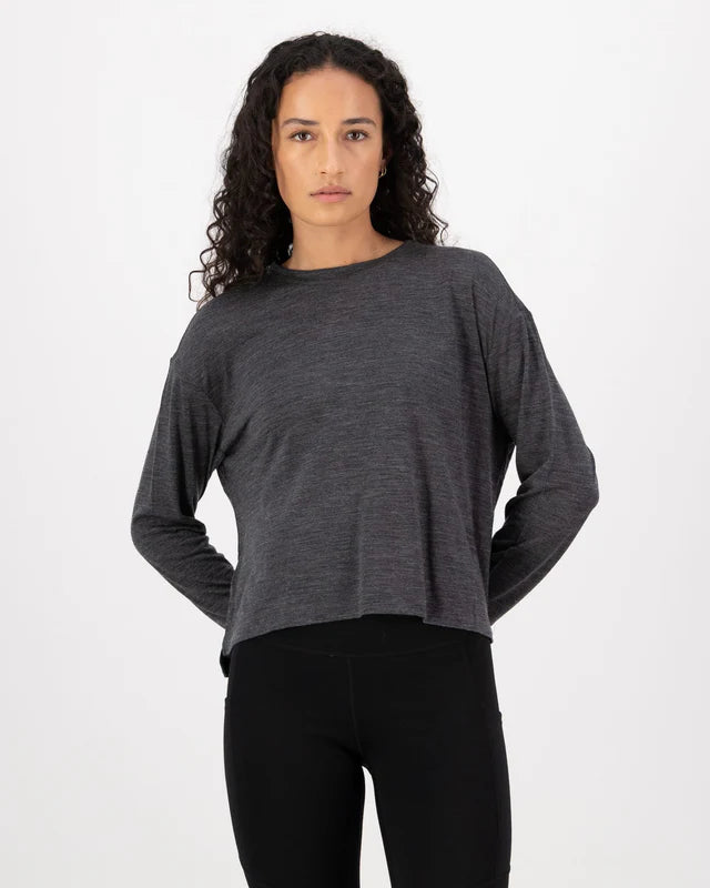 Mons Royale Womens Zephyr Merino Tencel Boxy Long Sleeve Smoke
