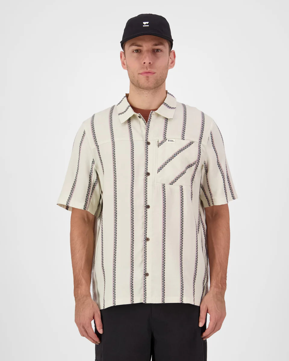 Mons Royale Mens AT Merino Short Sleeve Shirt Bone Stripe