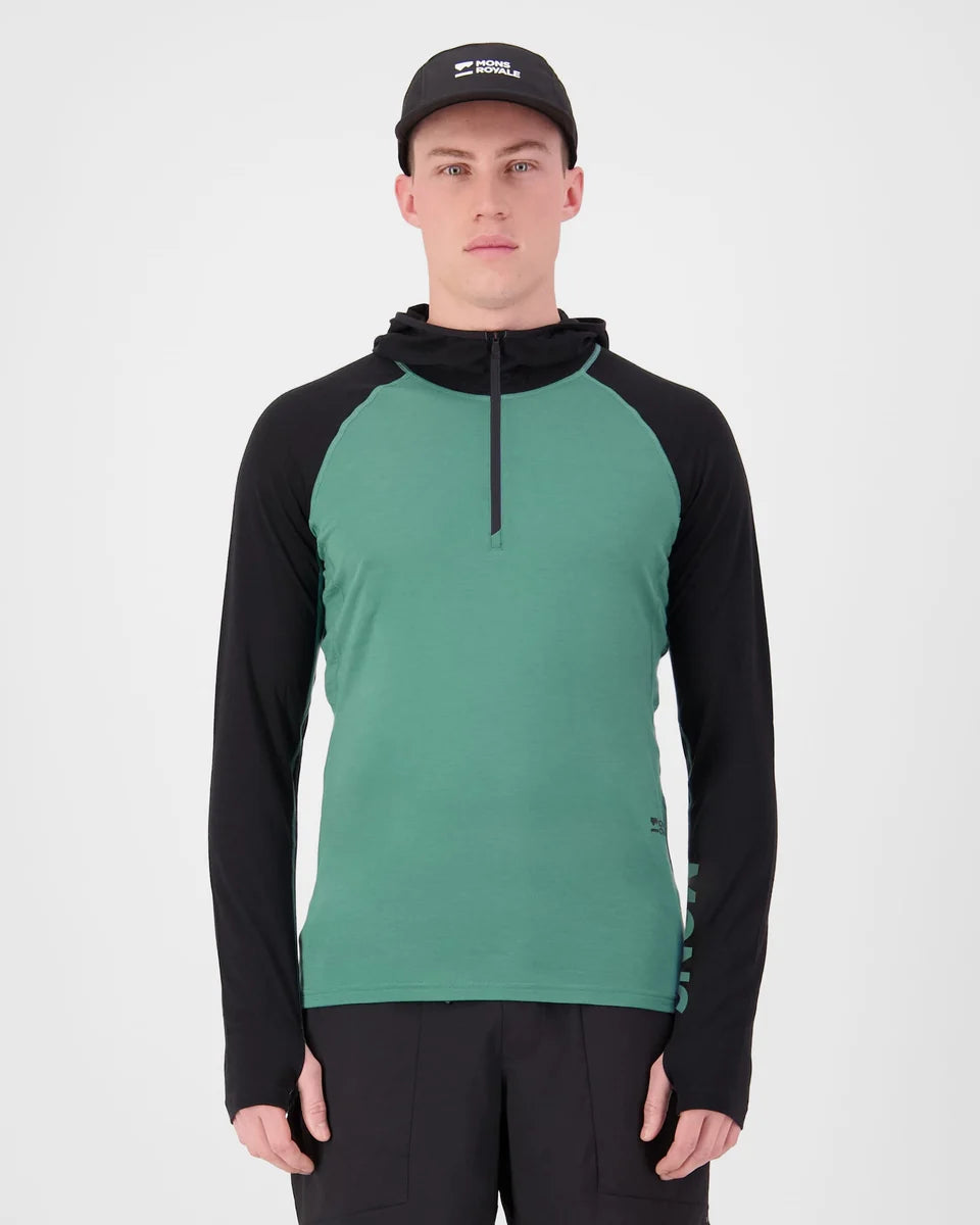 Mons Royale Mens Temple Merino Long Sleeve Hood Deep Jade Black