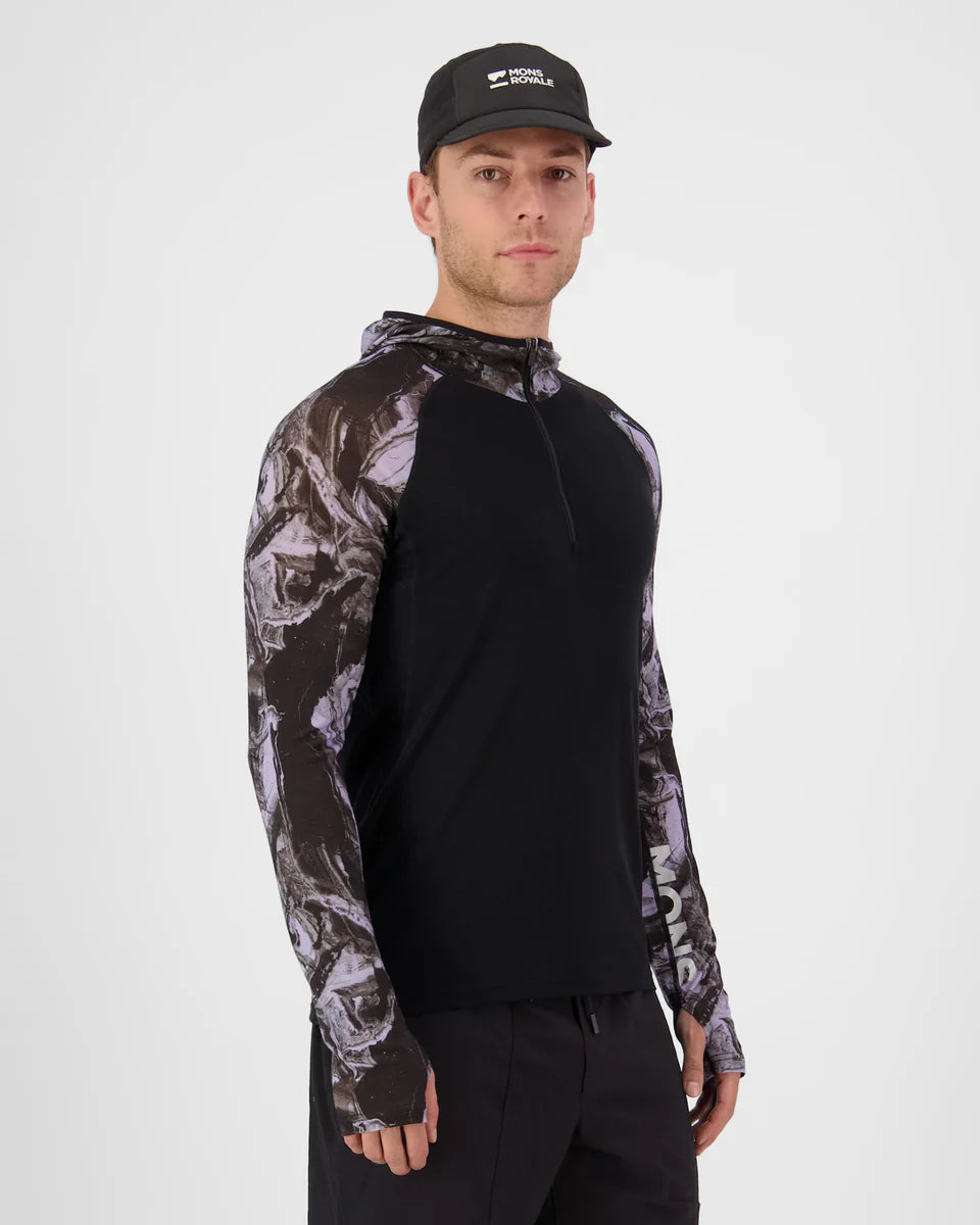 Mons Royale Mens Temple Merino Long Sleeve Hood Rock Camo Black