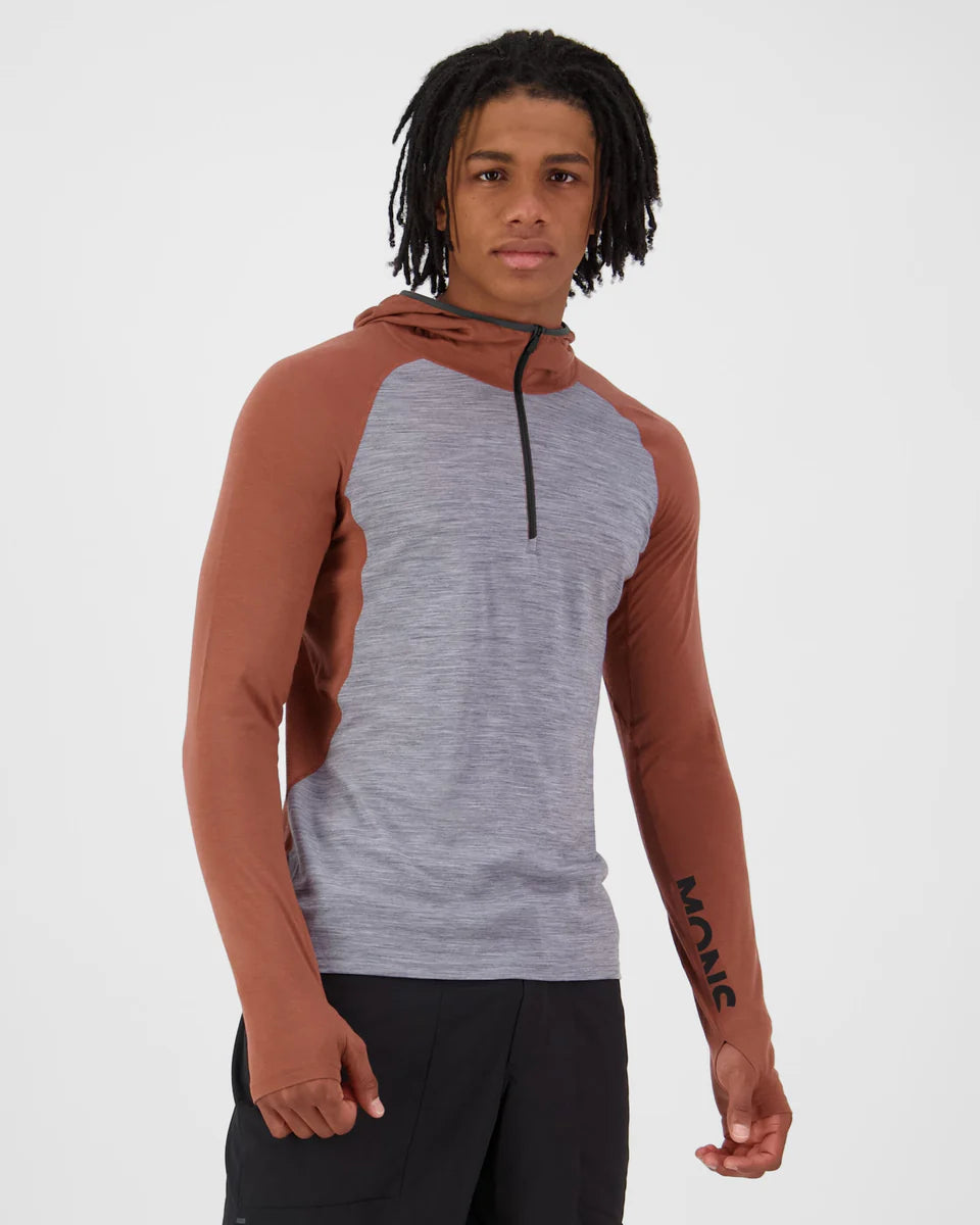 Mons Royale Mens Temple Merino Long Sleeve Hood Cinnamon Grey Heather