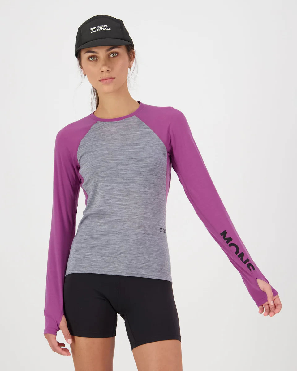 Mons Royale Womens Bella Merino Long Sleeve Purple Bolt Grey Heather