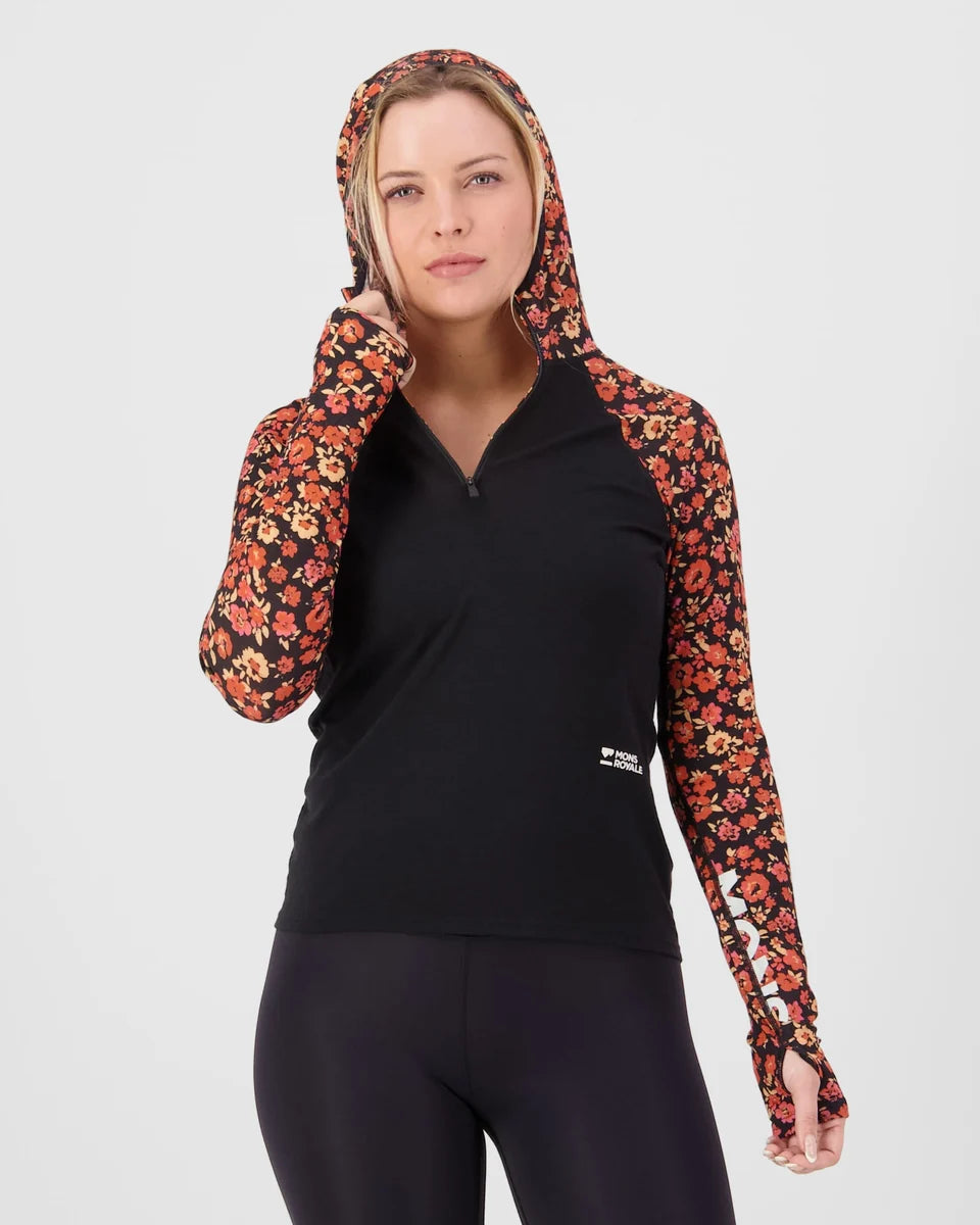 Mons Royale Womens Bella Merino Long Sleeve Hood Ditzy Camo Black