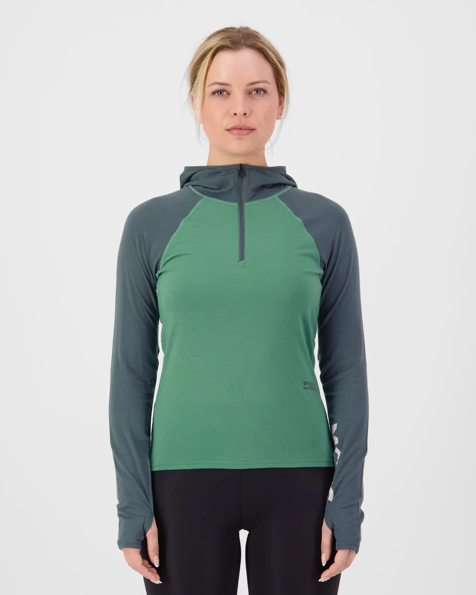 Mons Royale Womens Bella Merino Long Sleeve Hood Deep Jade Dark Cypress