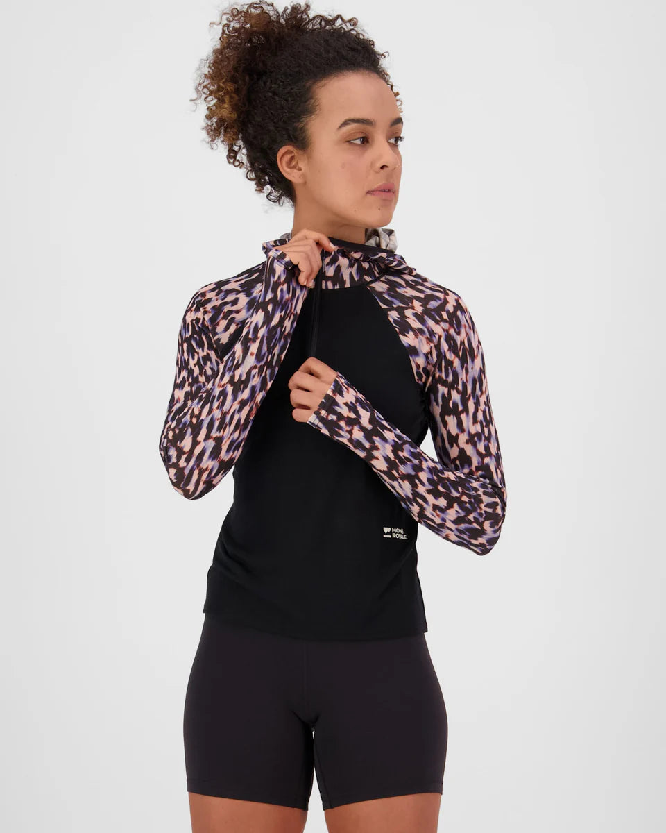 Mons Royale Womens Bella Merino Long Sleeve Hood Rock Leopard Black