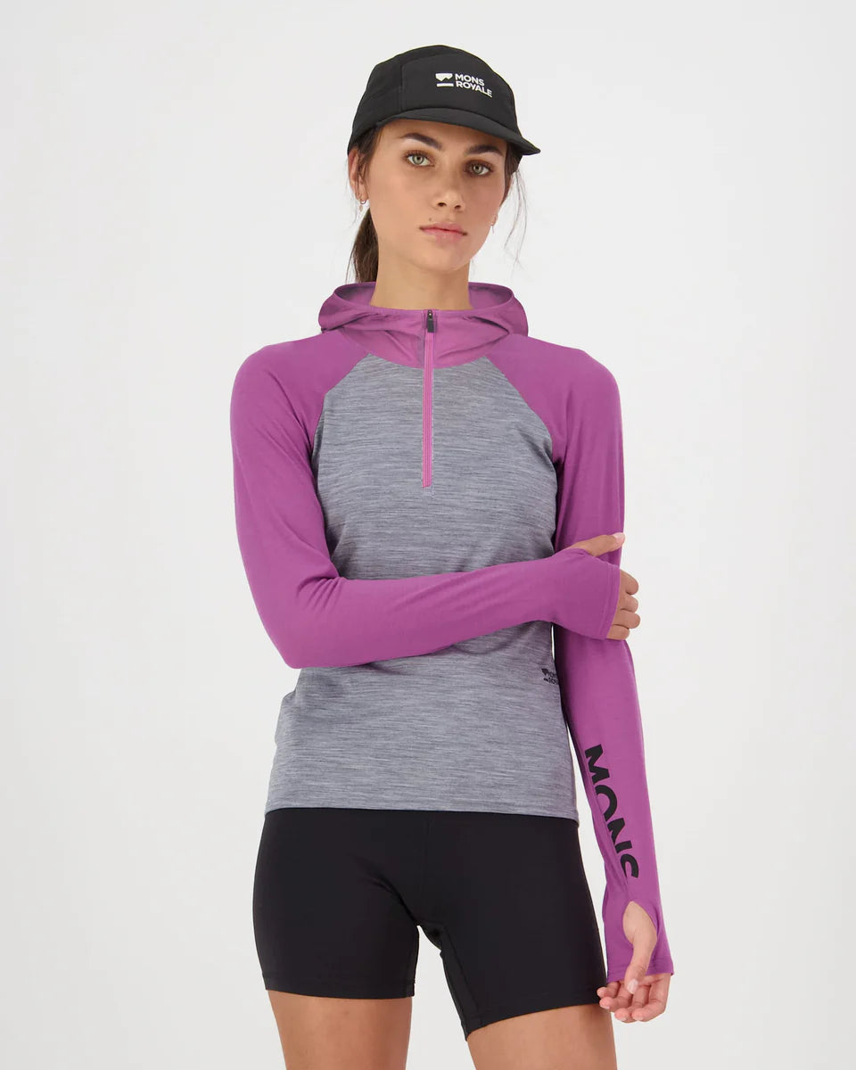 Mons Royale Womens Bella Merino Long Sleeve Hood Purple Bolt Grey Heather