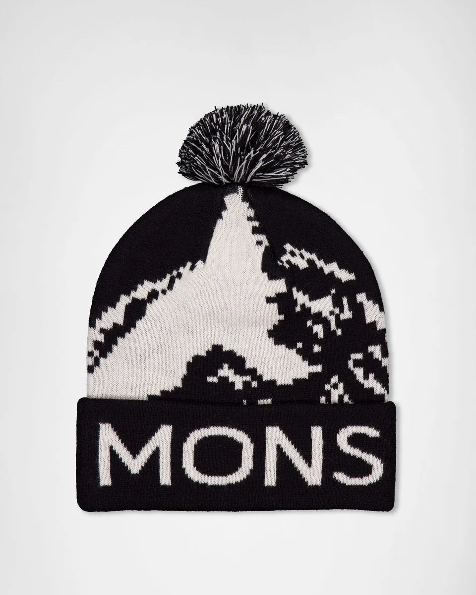Mons Royale Mtn Pixel Merino Pom Pom Beanie One Size Black White