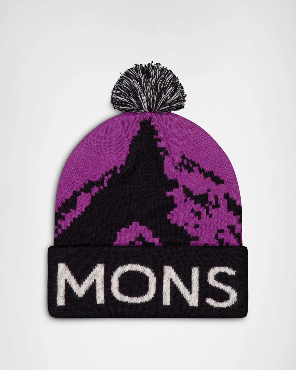 Mons Royale Mtn Pixel Merino Pom Pom Beanie One Size Purple Bolt Black