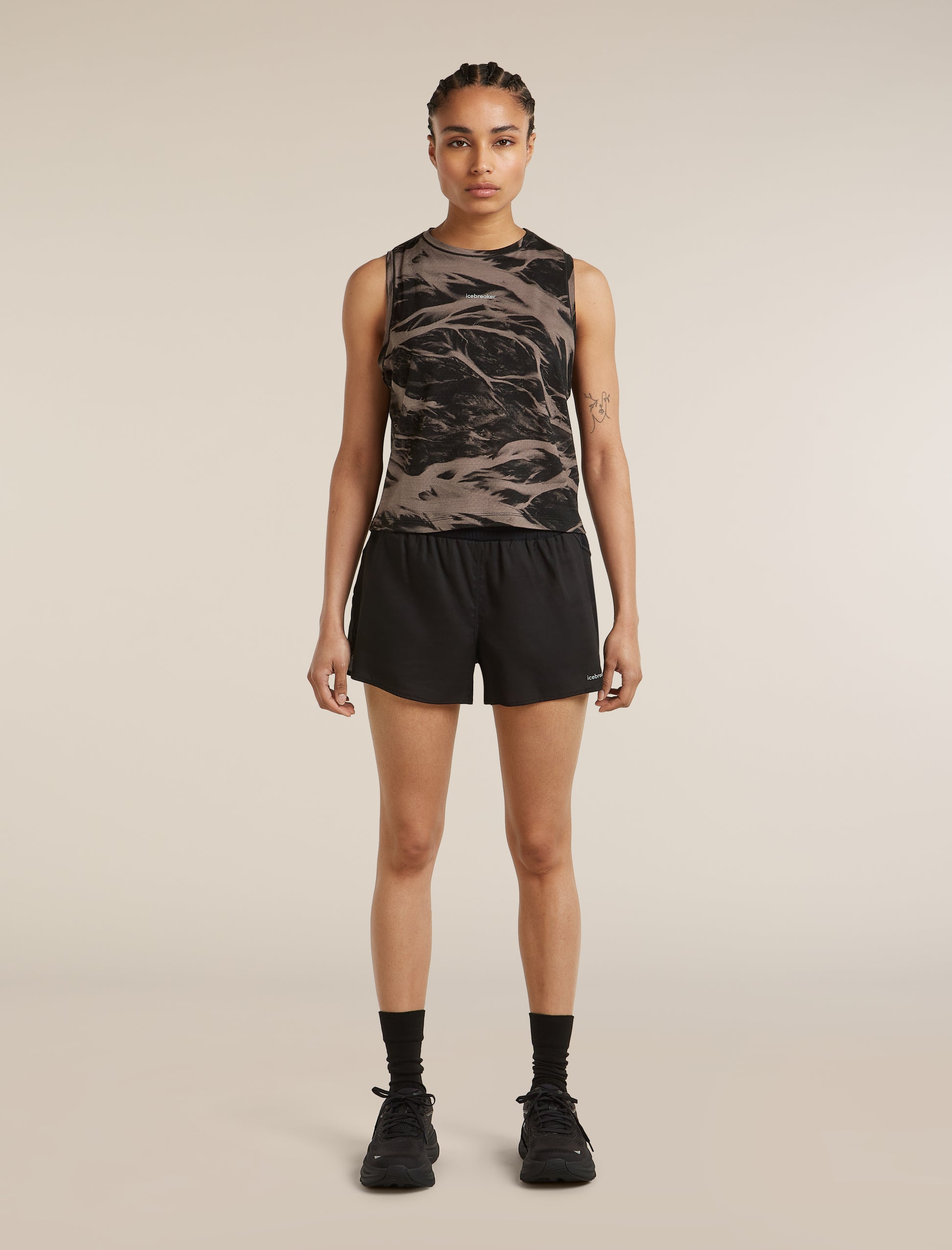 Icebreaker Womens Merino Blend 125 Cool-Lite Speed Tank Motion AOP Medium Porcini Black Aop