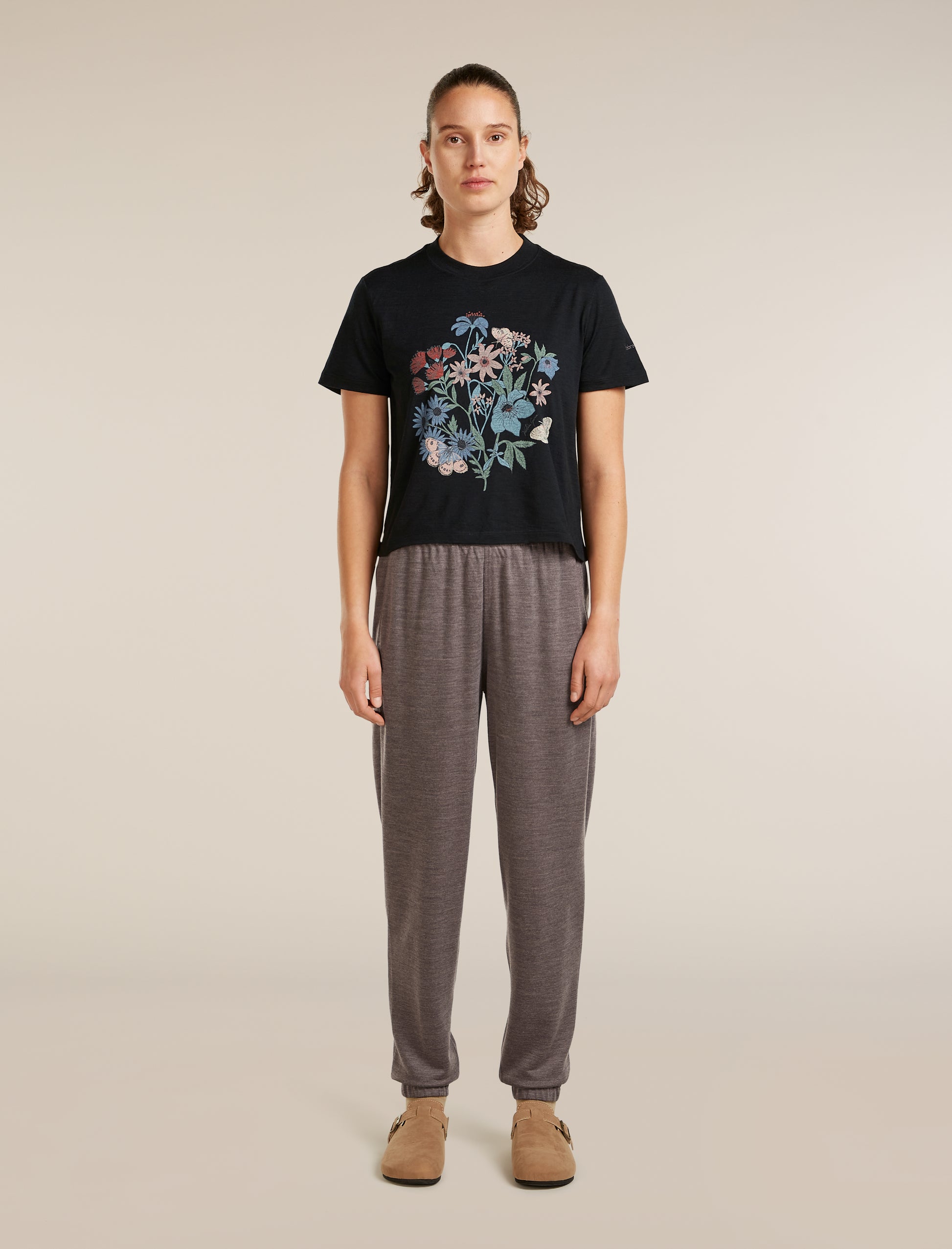 Icebreaker Womens Merino 150 Tech Lite SS Crop Tee NZ Flora Medium Black