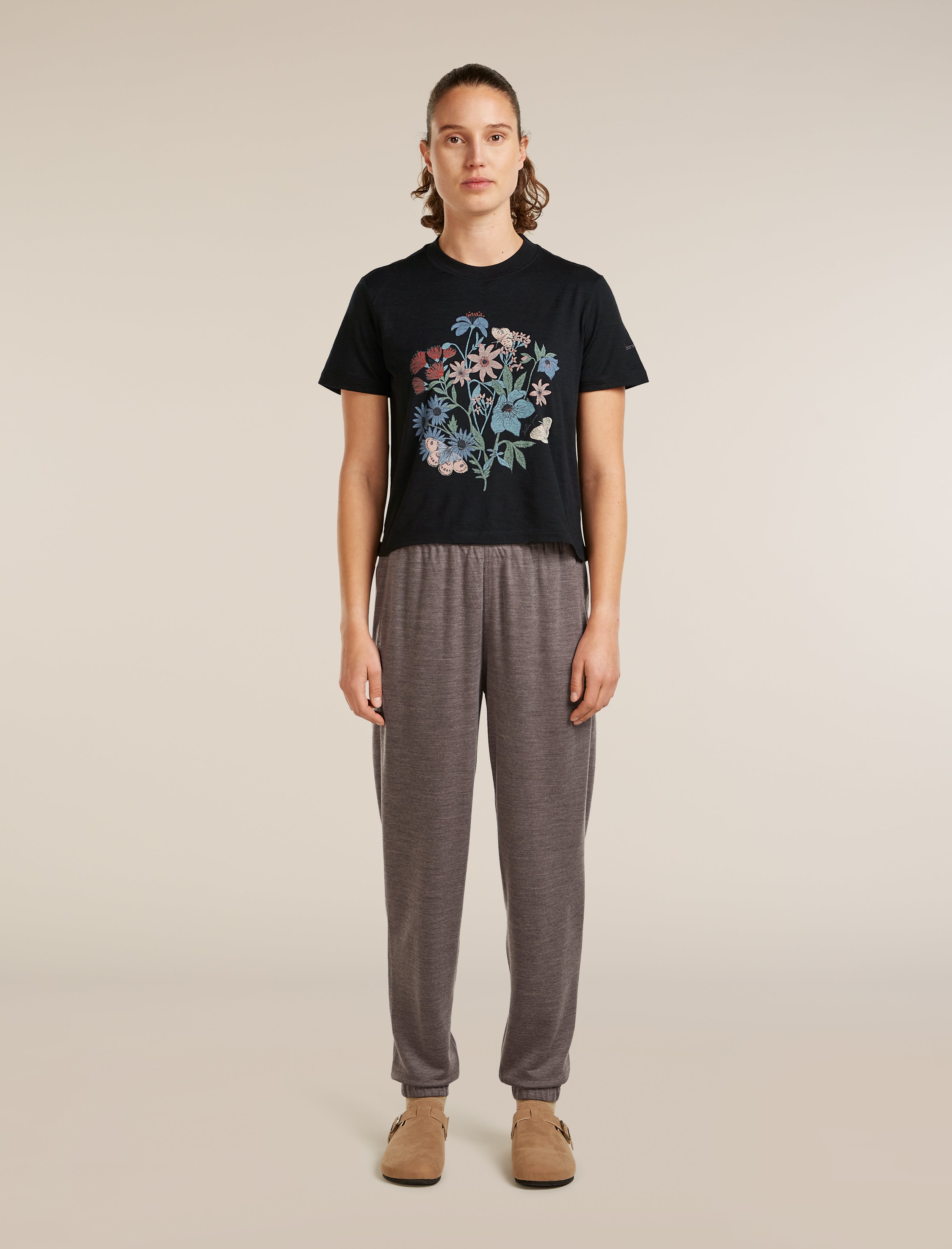 Icebreaker Womens Merino 150 Tech Lite SS Crop Tee NZ Flora Medium Black
