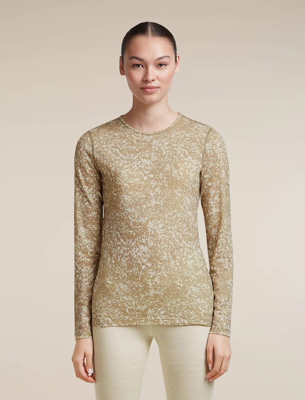 Icebreaker Womens Merino 200 Oasis LS Crewe Moss Bloom AOP Cumin Undyed Aop